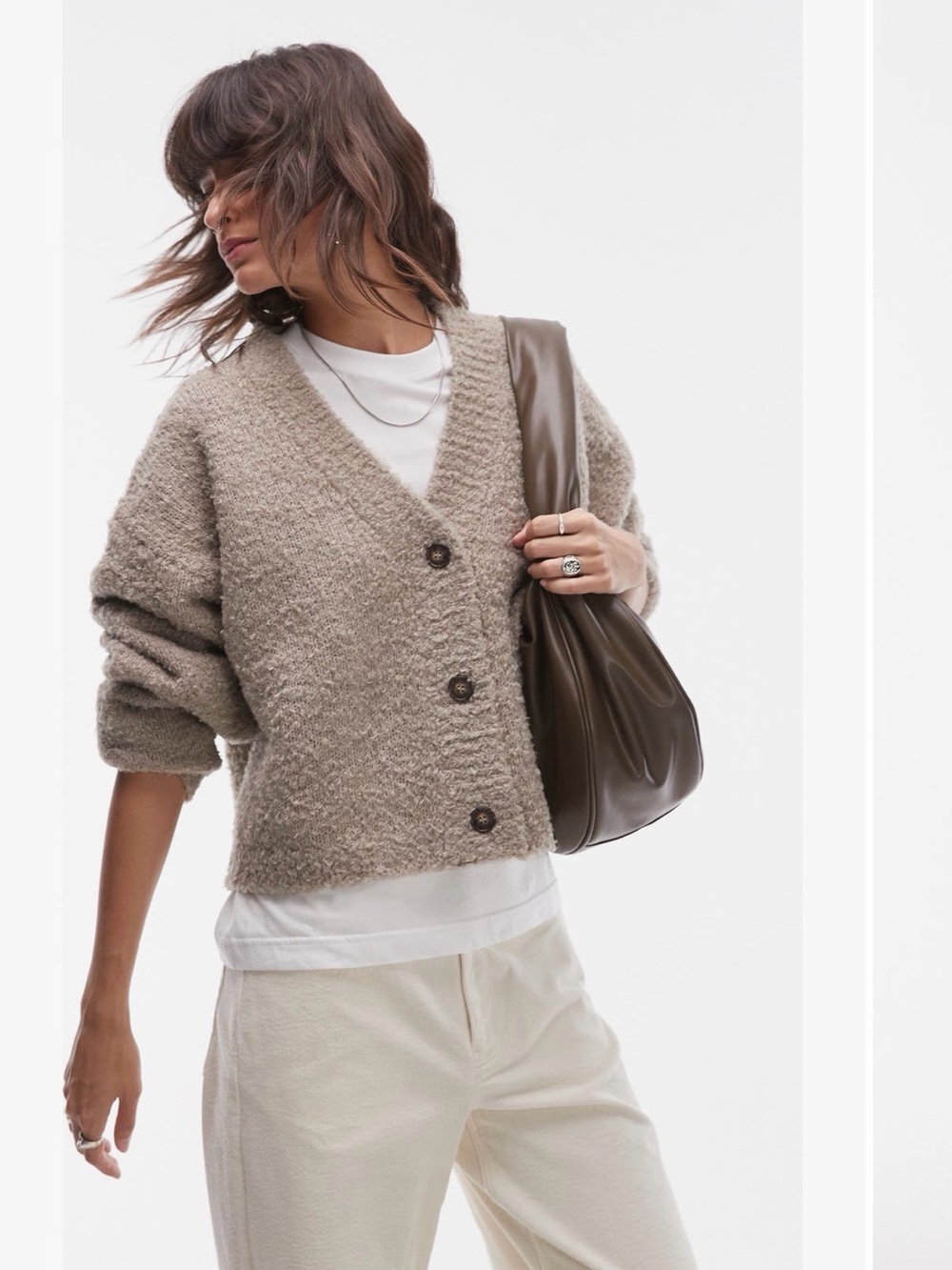 Topshop Taupe Bouclé V-Neck Button Cardigan